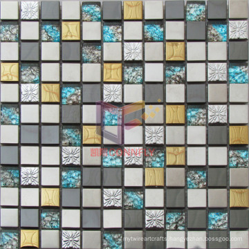 Blue Glass with Gold, Black, and Silver Stainless Steel Mosaic Tile (CFM936)